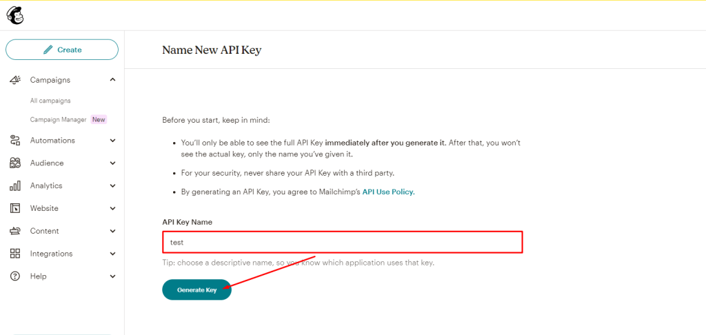 Mailchimp Block- Generate Key