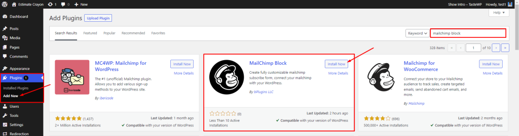Mailchimp Block- Search By Install