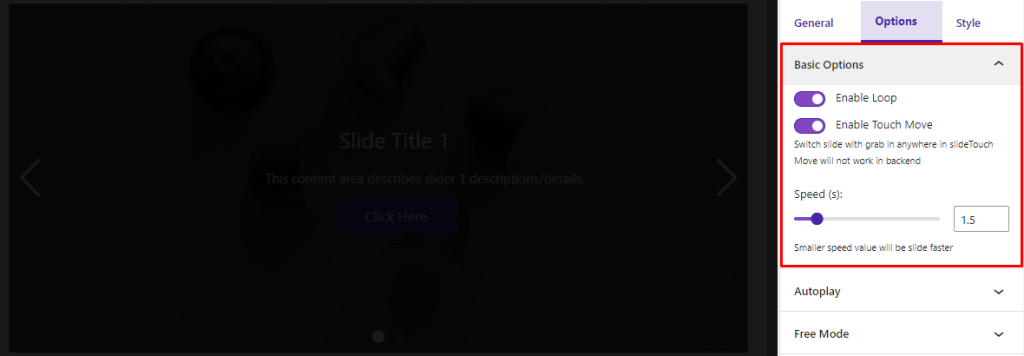 Content Slider Block- Options- Basic