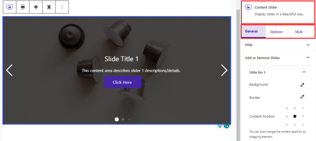 Content Slider Block- Sidebar Settings
