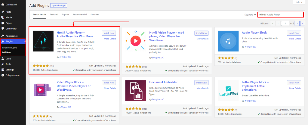 html5 audio player plugin installation process from wordpress backend
