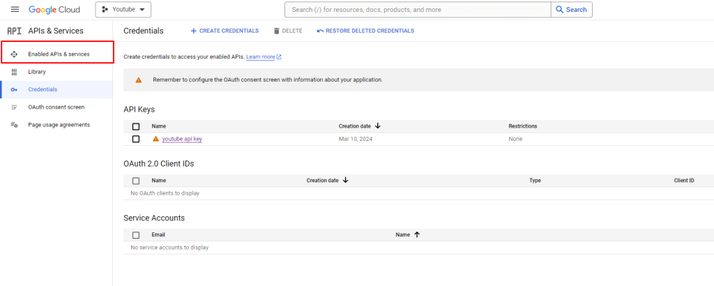 Video Gallery For YouTube- Enable APIs & Services