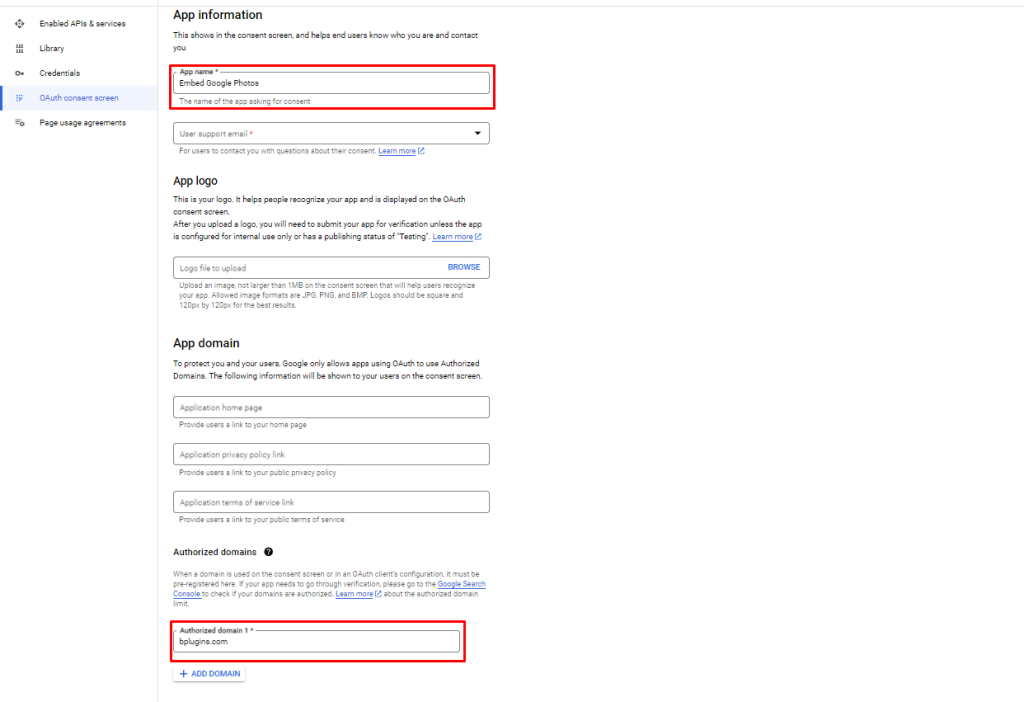 Embed Google Photos- Application name and authorized domains verify