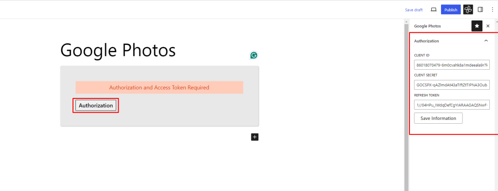 Embed Google Photos- Added Credentials