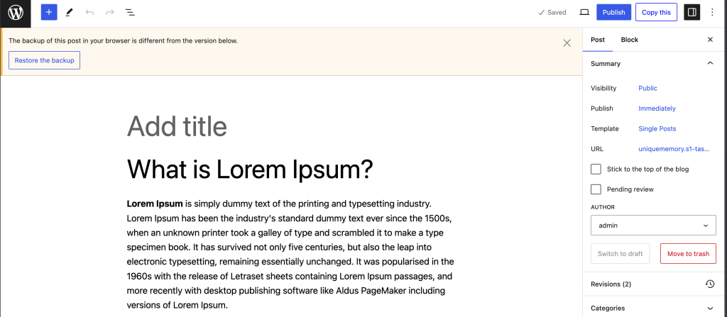 This is a screenshot of restore backup option of WordPress- What Is the Autosave WordPress Feature