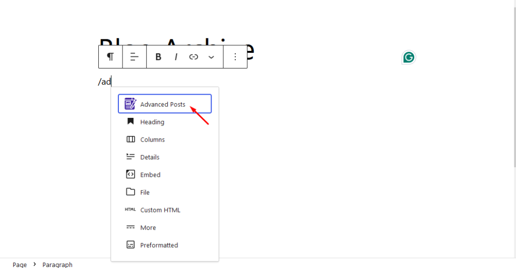 This is a screenshot of advanced posts block