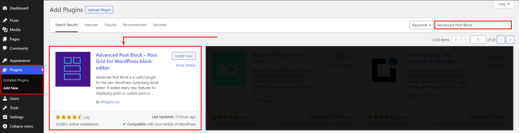 install advanced post block plugin