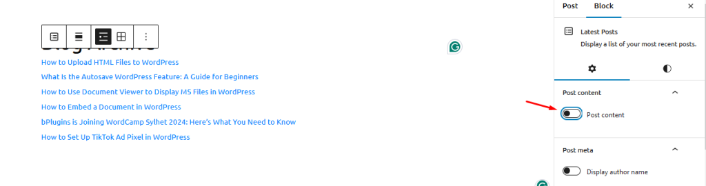This is a screenshot of of enabling post content
