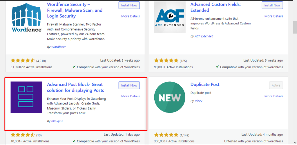 This is a screenshot of installing the Advanced Post Block Pugin