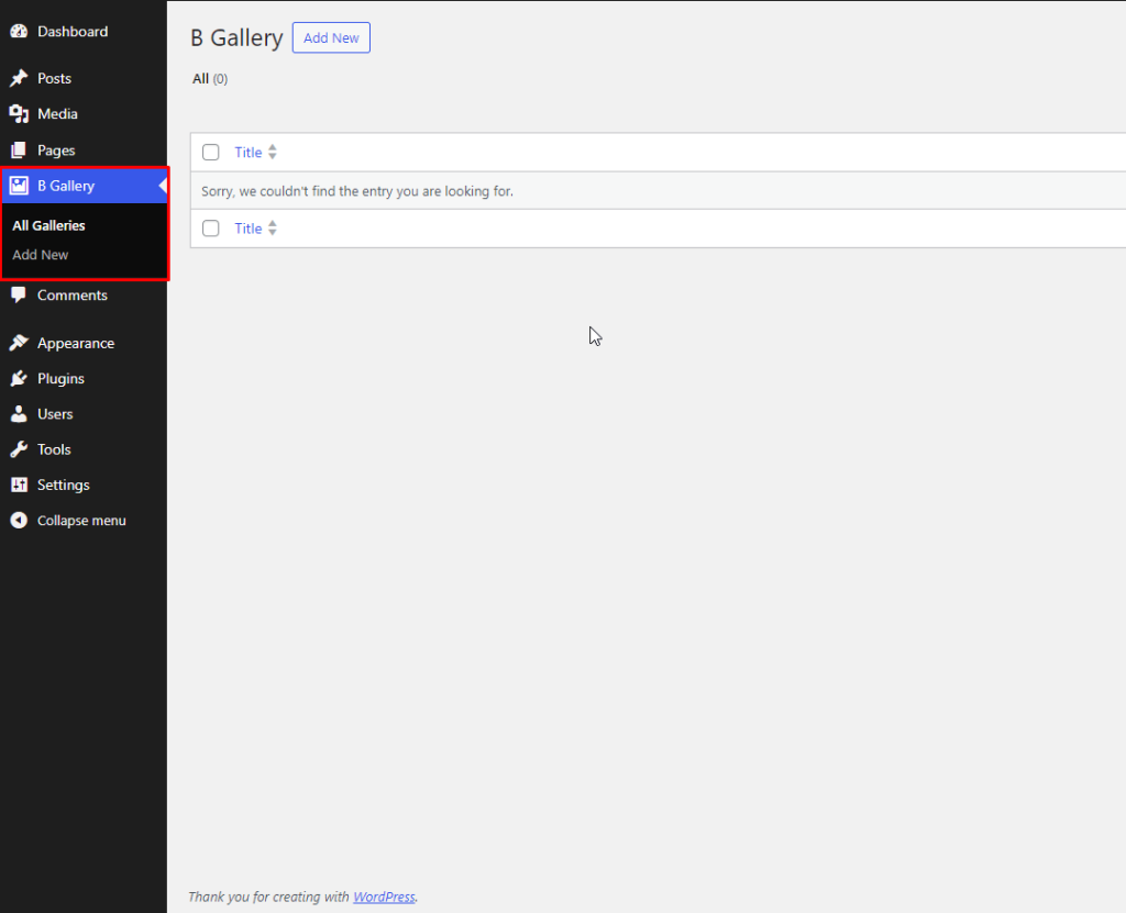 B Gallery- Admin Menu
