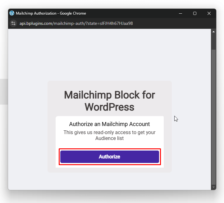 Mailchimp Block- Authorize Button