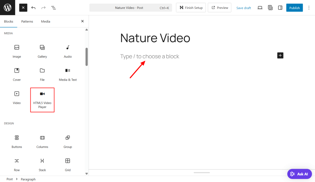 Add HTML5 Video Player block
