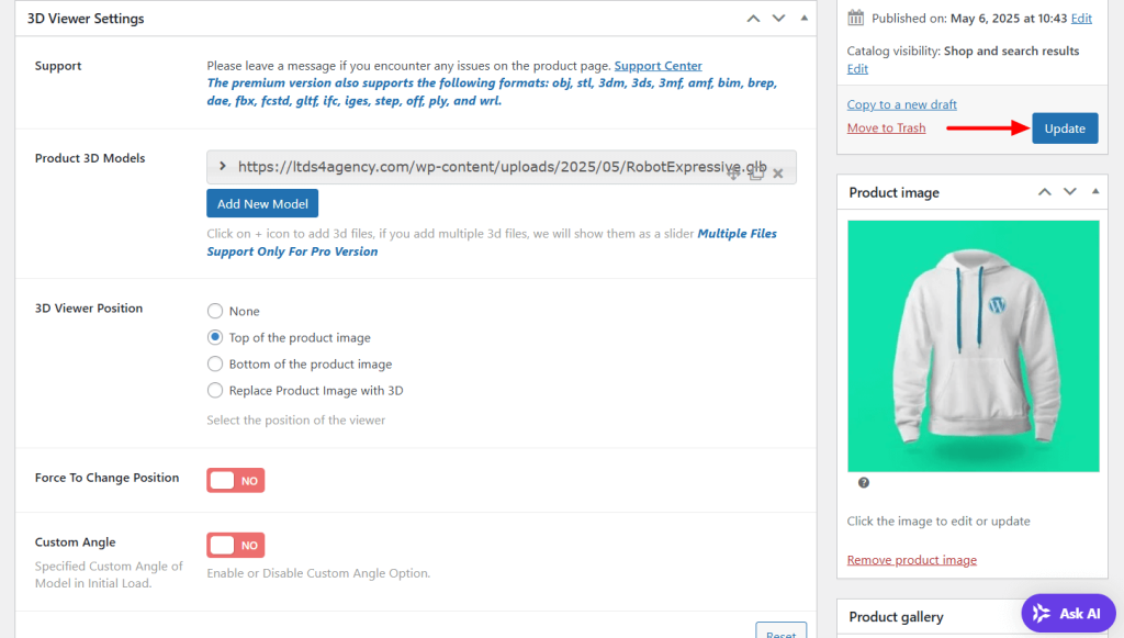 Customize 3D model and update product