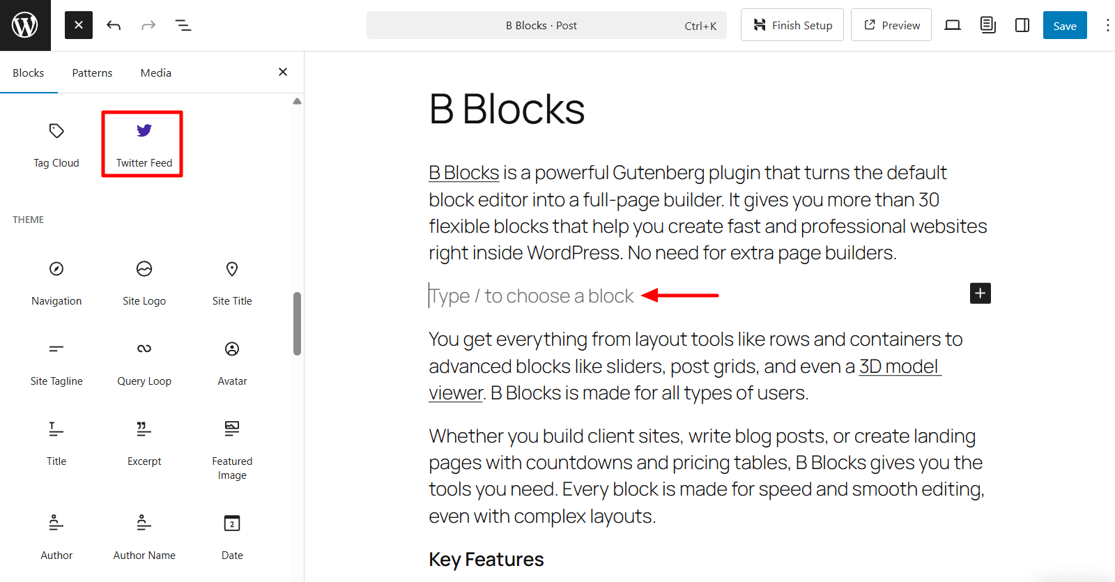 Add Easy Twitter Feed block