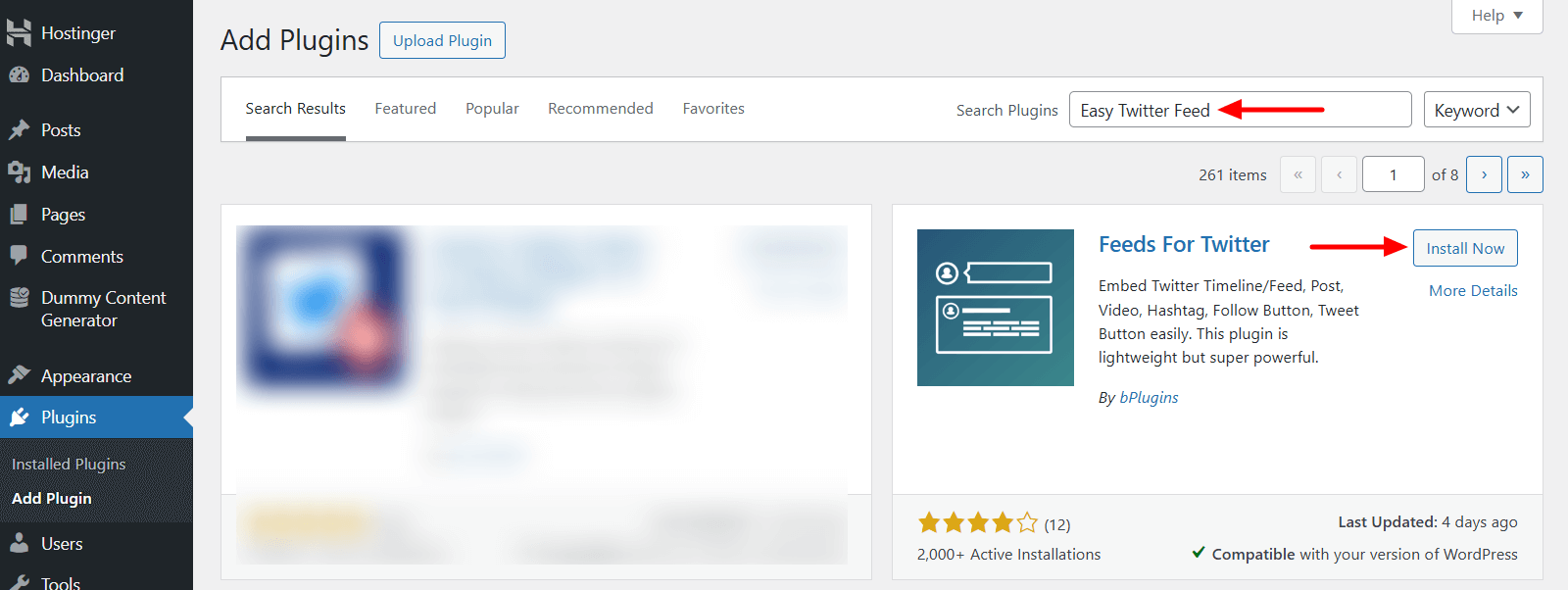 Install and Activate Easy Twitter Feed plugin