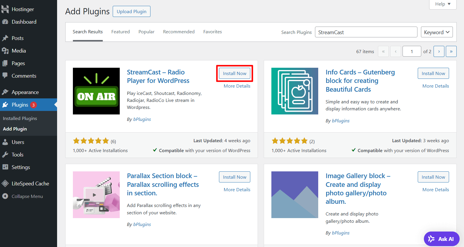 Install and activate StreamCast plugin