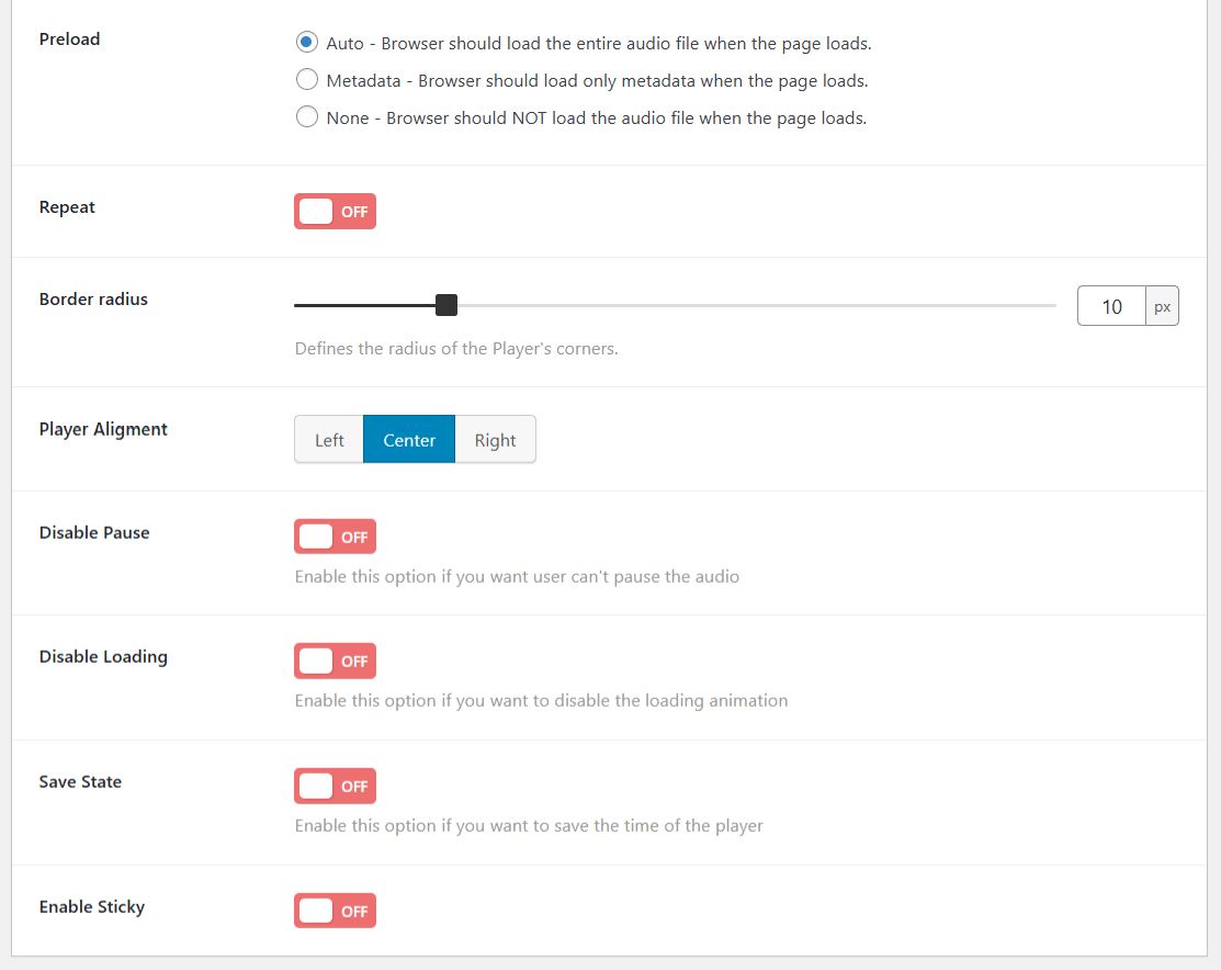 Manage audio player settings