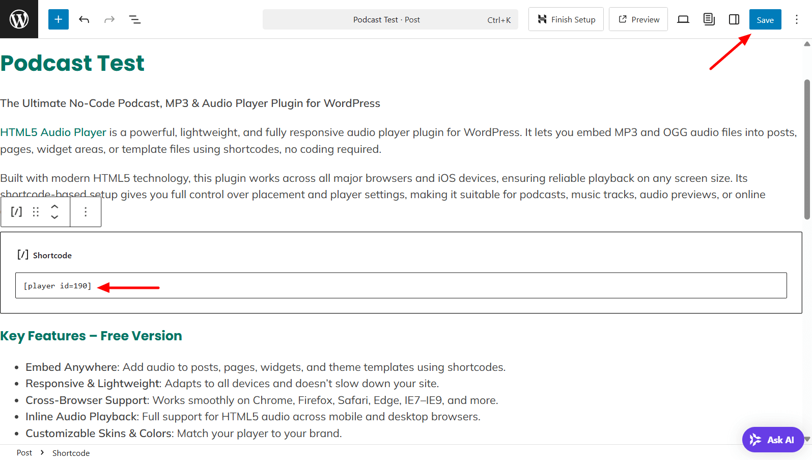 Paste audio player shortcode