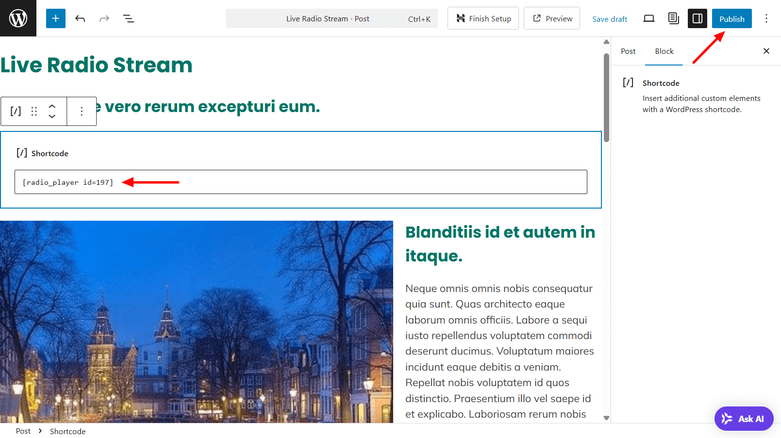 Paste radio player shortcode