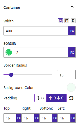 Block settings for container