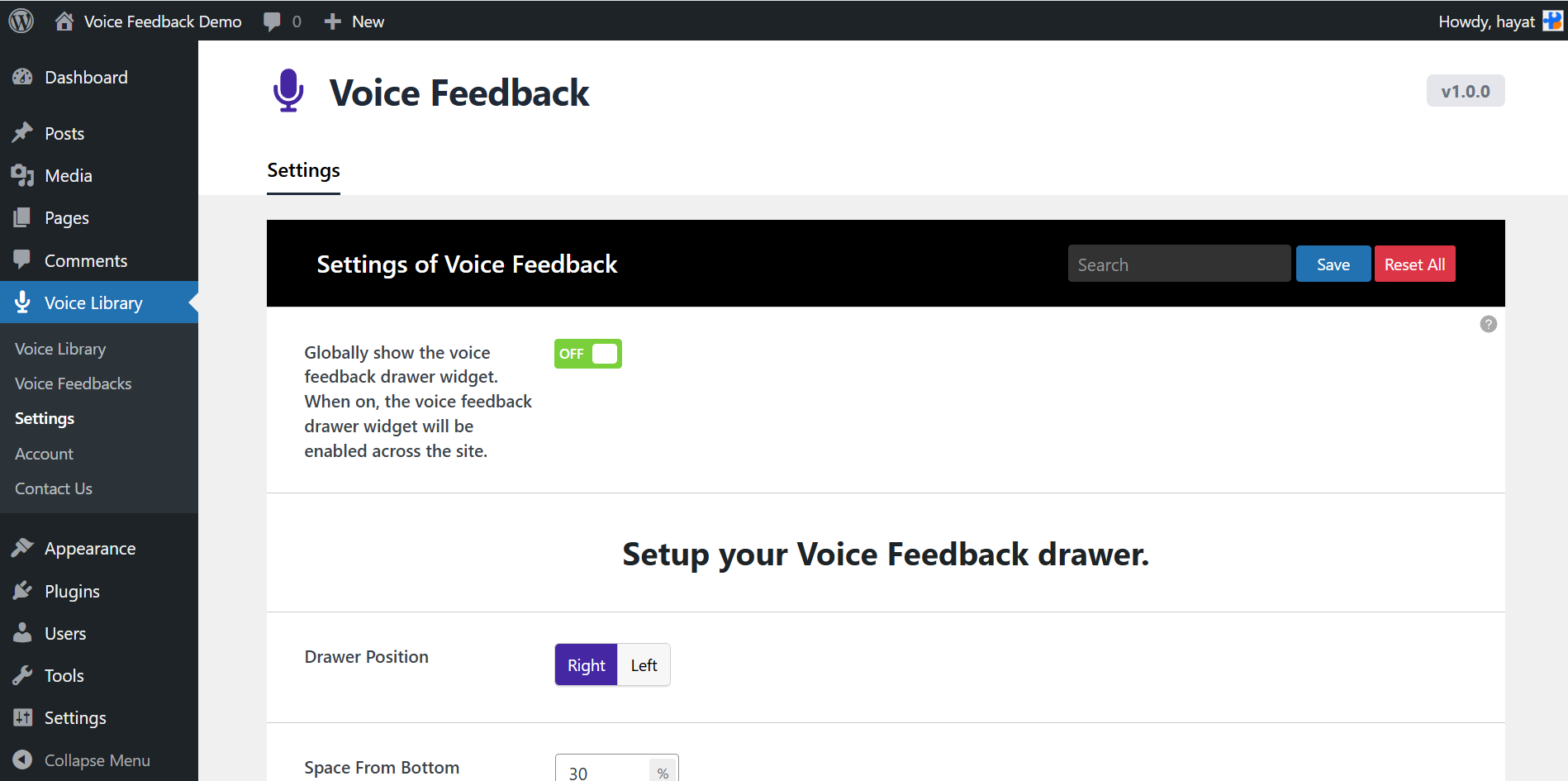 Voice Feedback settings area