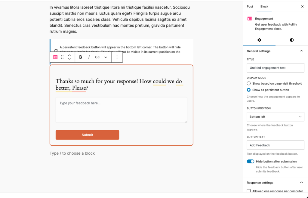 engagement block to collect open text feedback with pollify wordpress poll maker plugin