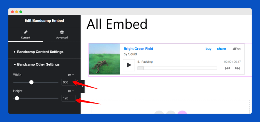 All Embed Addons for Elementor- Bandcamp Change Width and Height