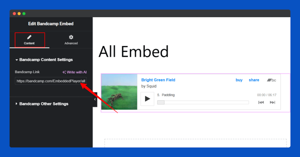 All Embed Addons for Elementor- Bandcamp Insert URL