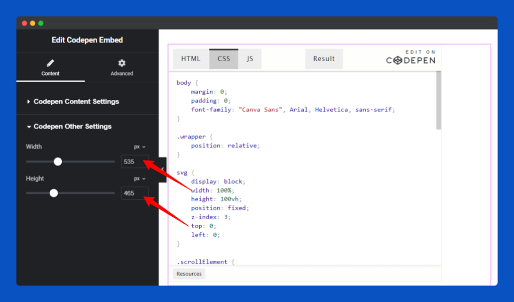 All Embed Addons for Elementor- CodePen Change Width and Height