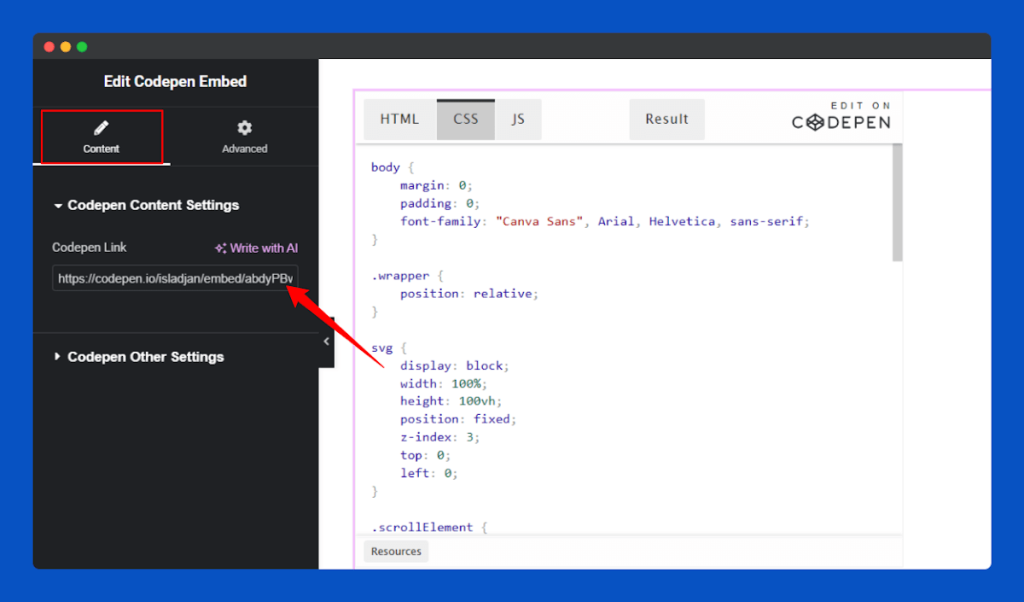 All Embed Addons for Elementor- CodePen Insert URL