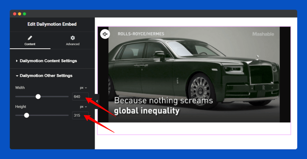 All Embed Addons for Elementor- Dailymotion Change Width and Height