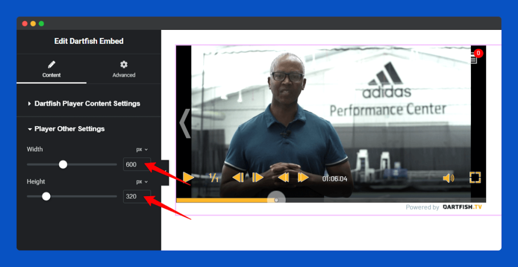 All Embed Addons for Elementor- Dartfish Change Width and Height