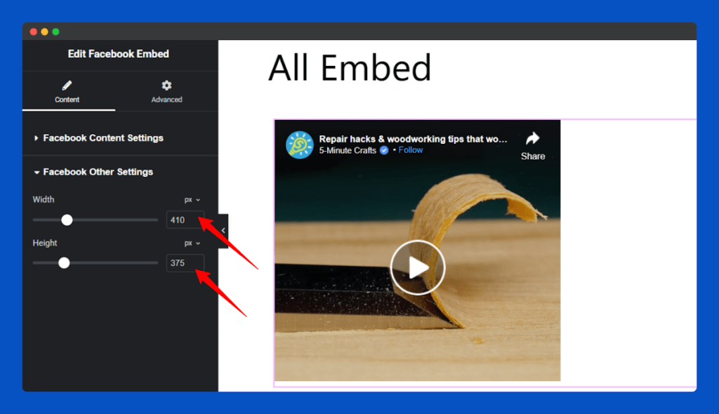 All Embed Addons for Elementor- Facebook Change Width and Height