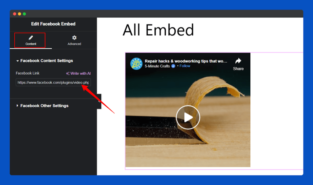 All Embed Addons for Elementor- Facebook Insert URL