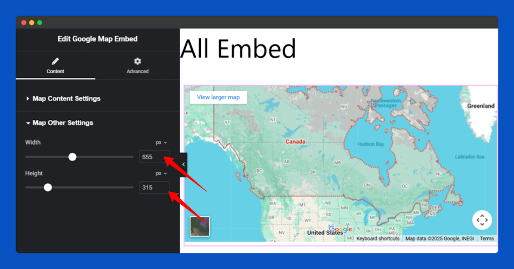 All Embed Addons for Elementor- Google Map Change Width and Height