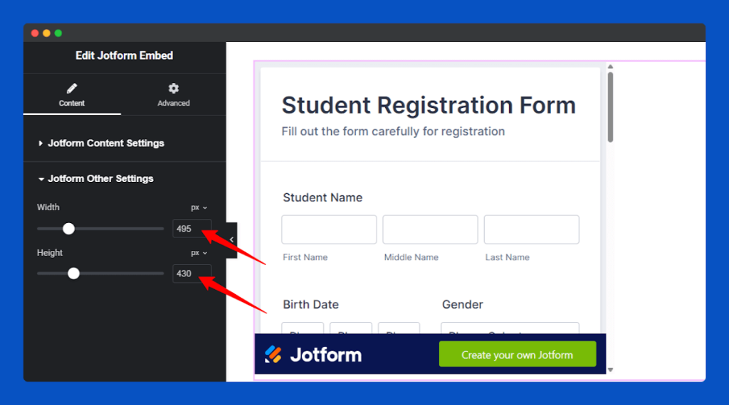 All Embed Addons for Elementor- Jotform Change Width and Height