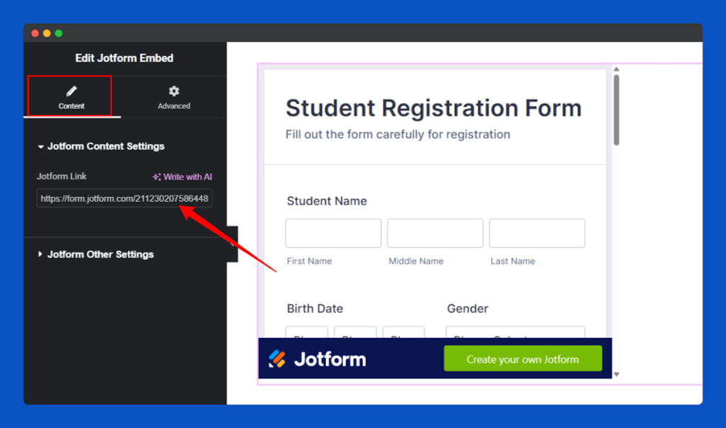 All Embed Addons for Elementor- Jotform Insert URL