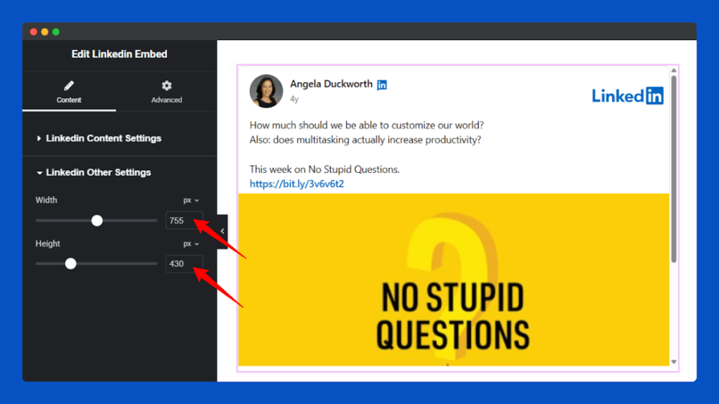 All Embed Addons for Elementor- LinkedIn Change Width and Height
