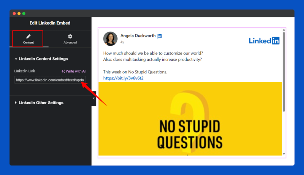 All Embed Addons for Elementor- LinkedIn Insert URL