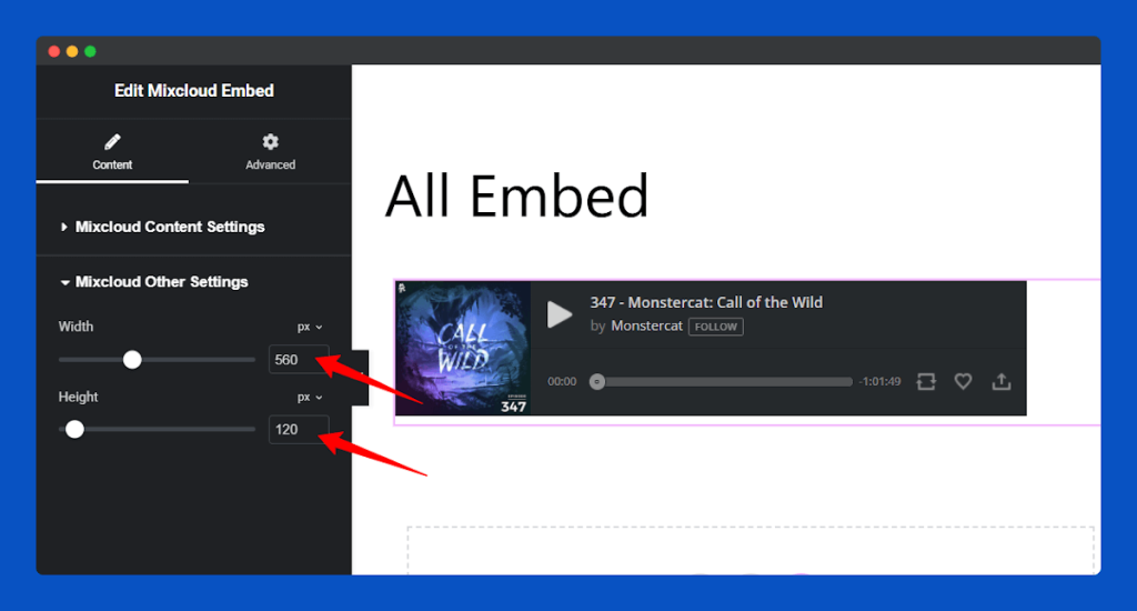 All Embed Addons for Elementor- Mixcloud Change Width and Height