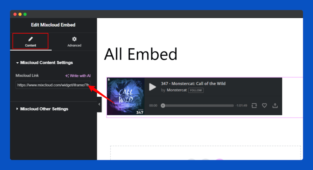 All Embed Addons for Elementor- Mixcloud Insert URL