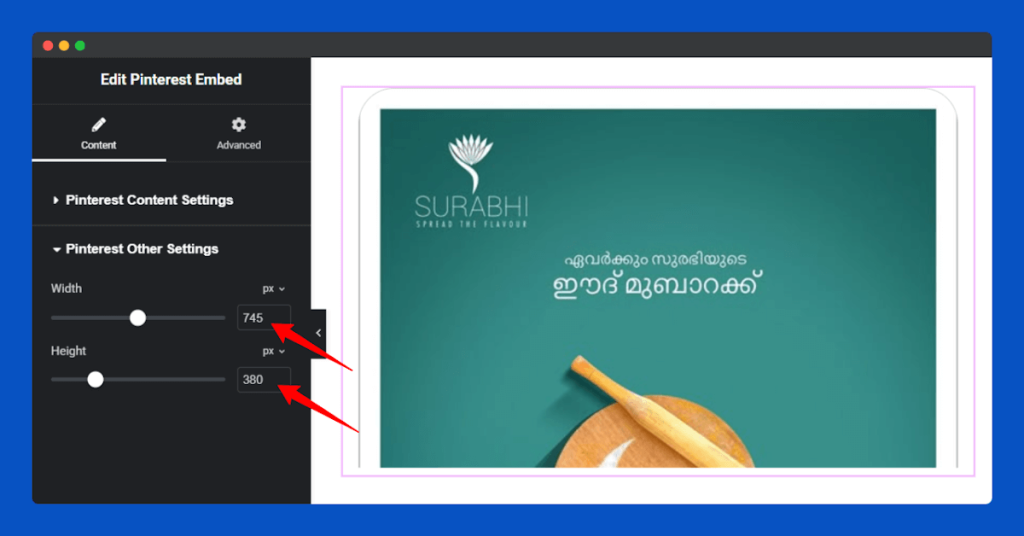 All Embed Addons for Elementor- Pinterest Change Width and Height