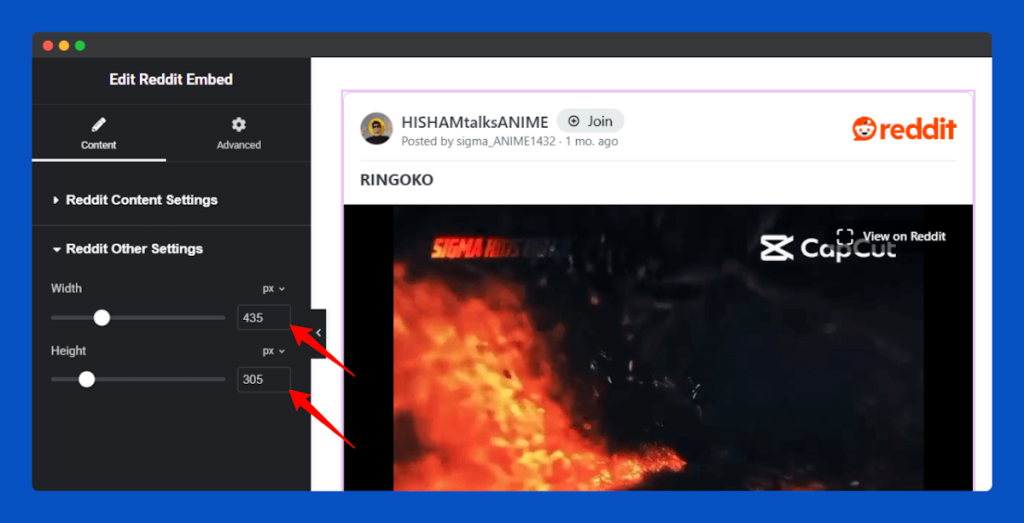All Embed Addons for Elementor- Reddit Change Width and Height