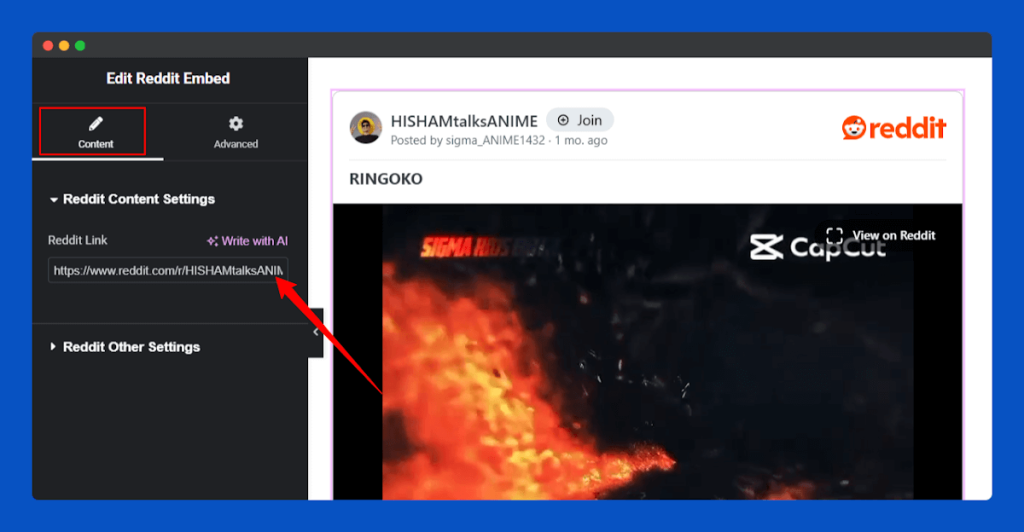 All Embed Addons for Elementor- Reddit Insert URL