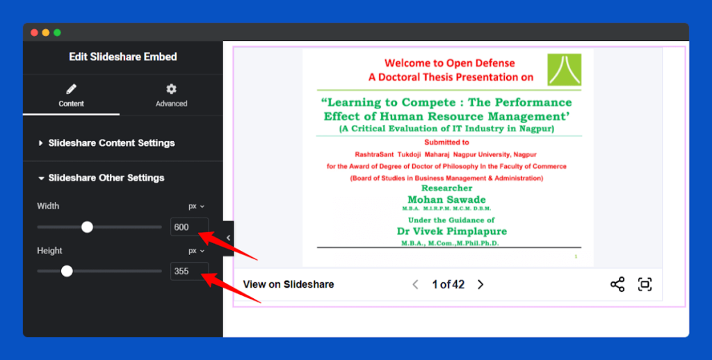 All Embed Addons for Elementor- Slideshare Change Width and Height
