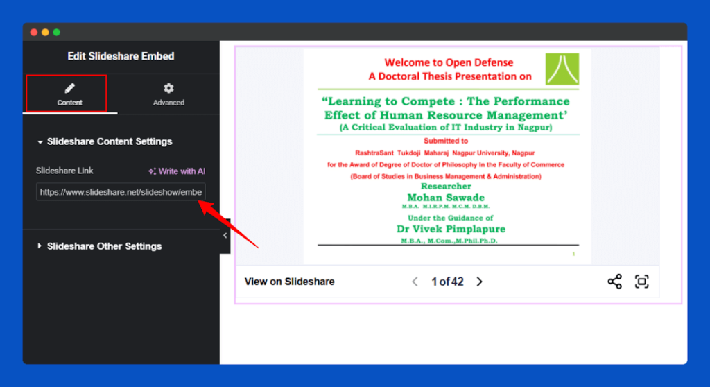 All Embed Addons for Elementor- Slideshare Insert URL