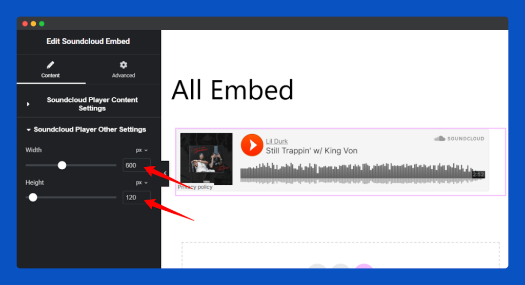 All Embed Addons for Elementor- Soundcloud Change Width and Height