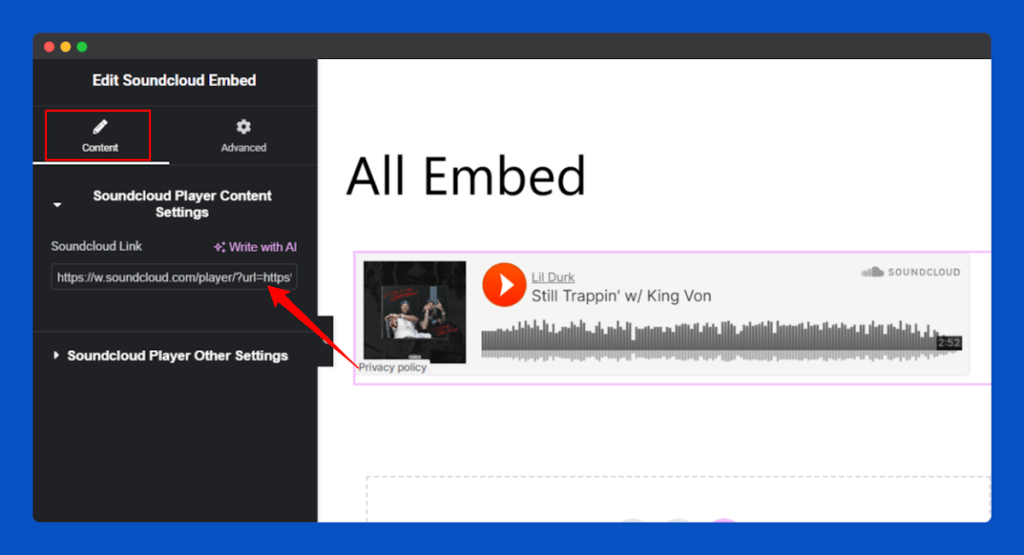 All Embed Addons for Elementor- Soundcloud Insert URL