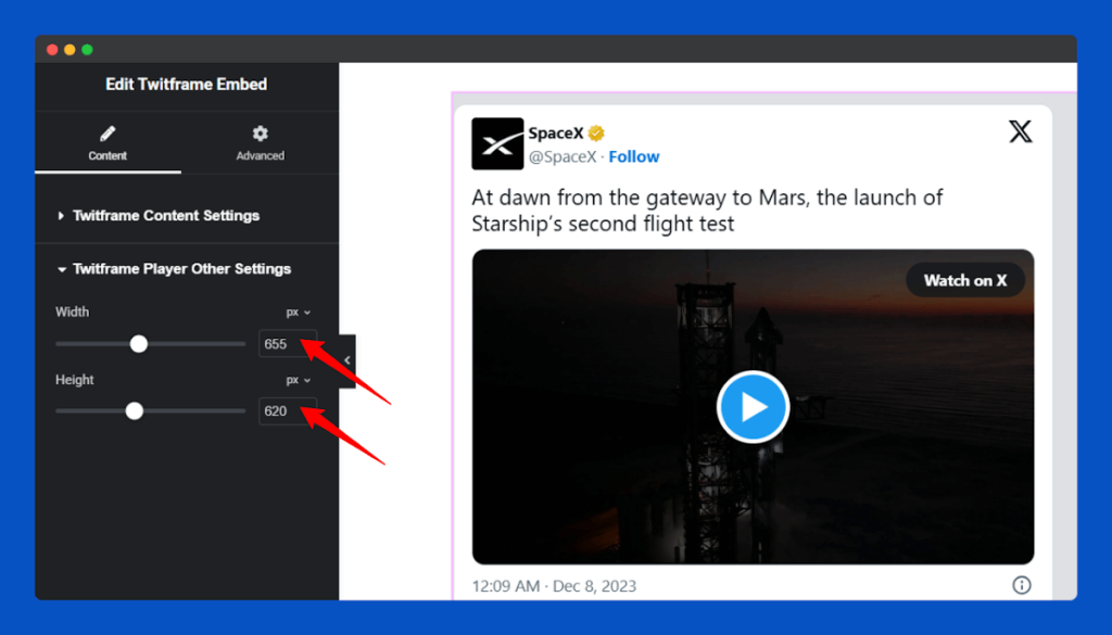 All Embed Addons for Elementor- Twitframe Change Width and Height