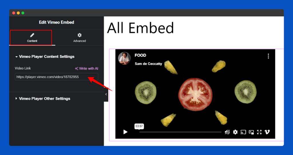 All Embed Addons for Elementor- Vimeo Insert URL